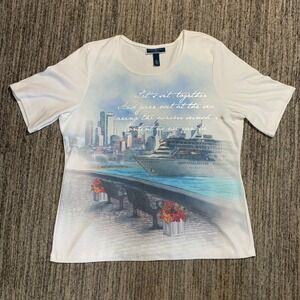 Karen‎ Scott Woman Graphic Tee White Cruise Ship Top Rhinestone Plus Size 1X